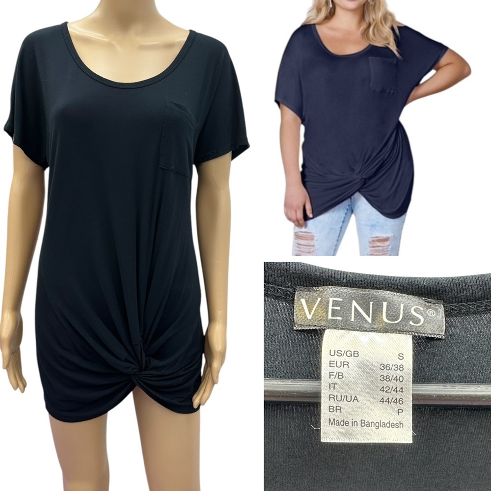 Venus Black Twisted Knot Front Short Sleeve Pocket Shirt Tunic Top Womens Small